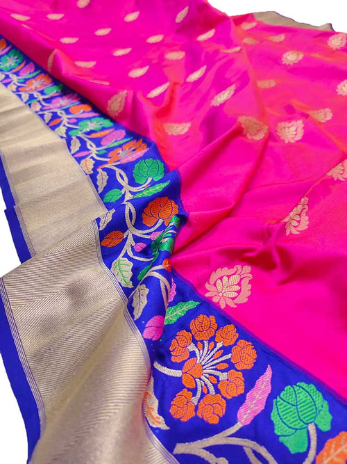 Pink Handloom Banarasi Pure Katan Silk Saree - Luxurion World