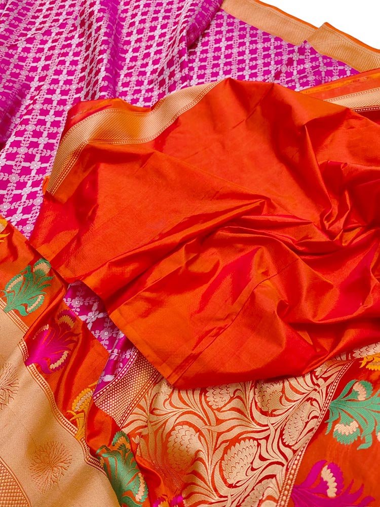 Pink Handloom Banarasi Pure Katan Silk Saree - Luxurion World
