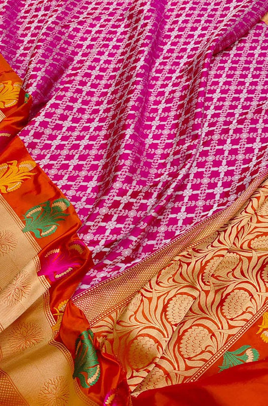 Pink Handloom Banarasi Pure Katan Silk Saree - Luxurion World