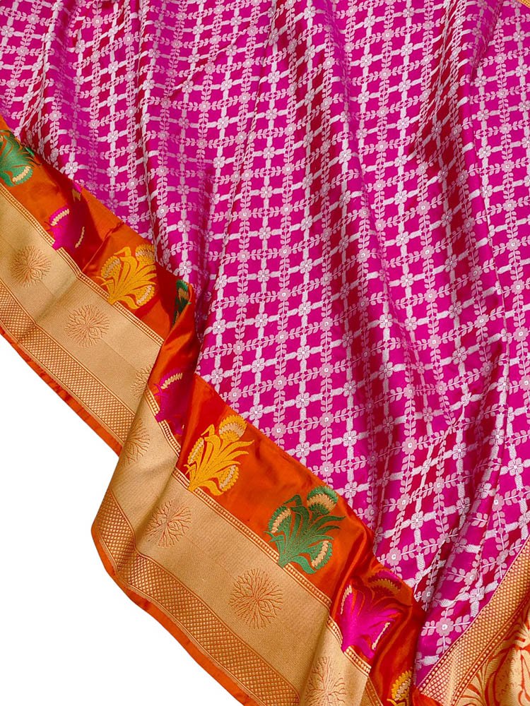 Pink Handloom Banarasi Pure Katan Silk Saree - Luxurion World