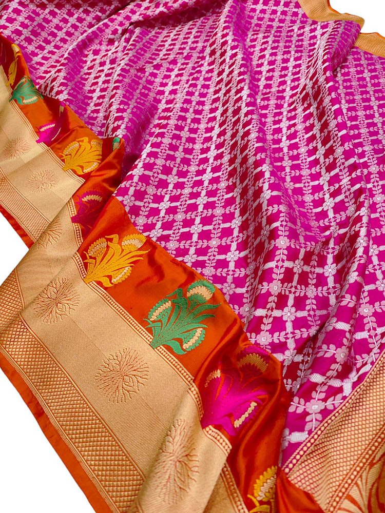 Pink Handloom Banarasi Pure Katan Silk Saree - Luxurion World