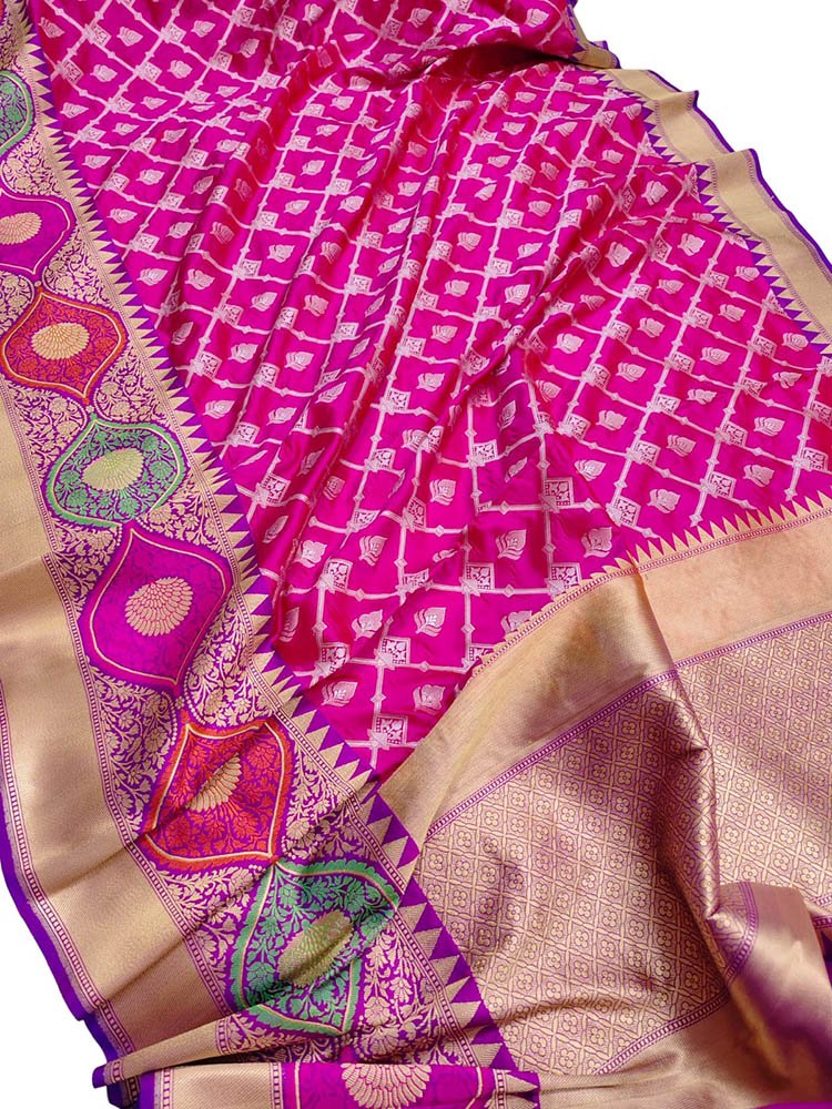 Pink Handloom Banarasi Pure Katan Silk Saree - Luxurion World