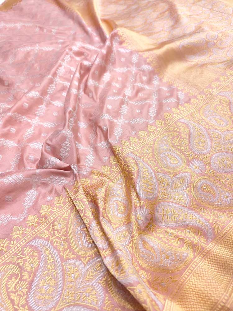 Pink Handloom Banarasi Pure Katan Silk Sona Roopa Border Saree - Luxurion World