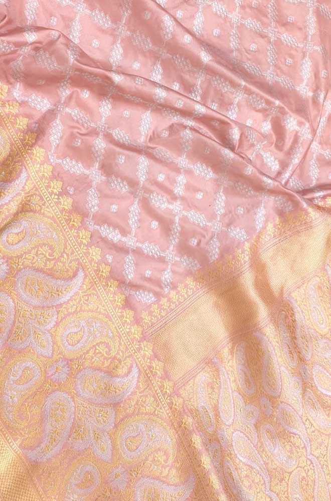 Pink Handloom Banarasi Pure Katan Silk Sona Roopa Border Saree - Luxurion World