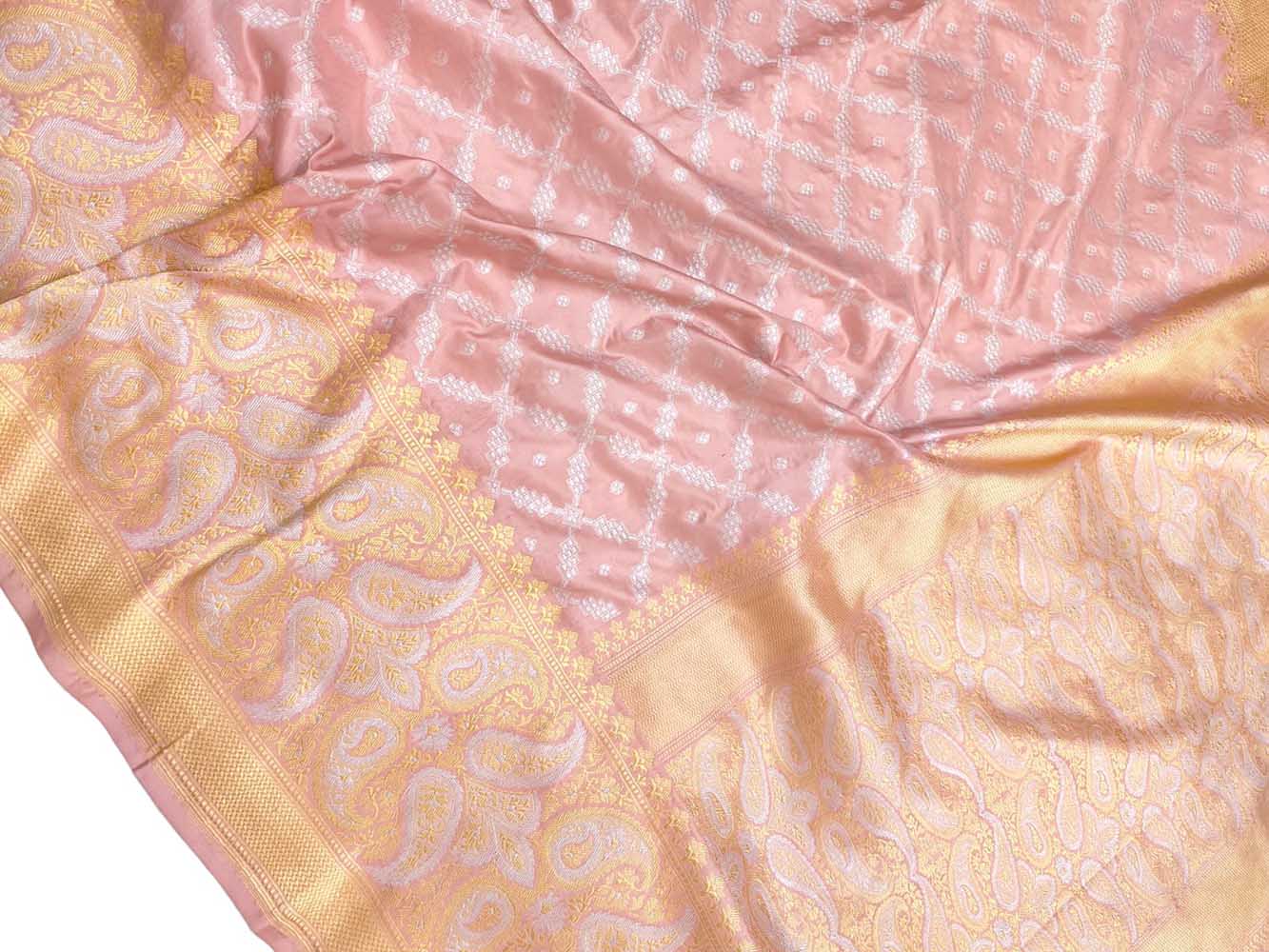 Pink Handloom Banarasi Pure Katan Silk Sona Roopa Border Saree - Luxurion World