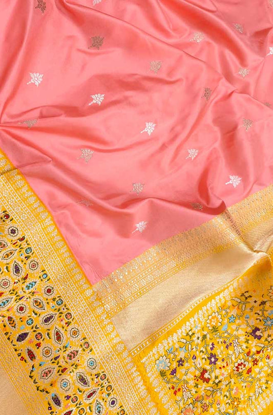 Pink Handloom Banarasi Pure Katan Silk Sona Roopa Saree - Luxurion World