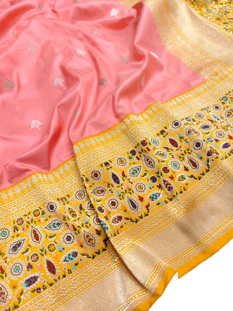 Pink Handloom Banarasi Pure Katan Silk Sona Roopa Saree - Luxurion World