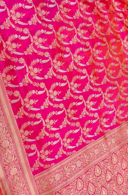 Pink Handloom Banarasi Pure Katan Silk Sona Roopa Saree - Luxurion World