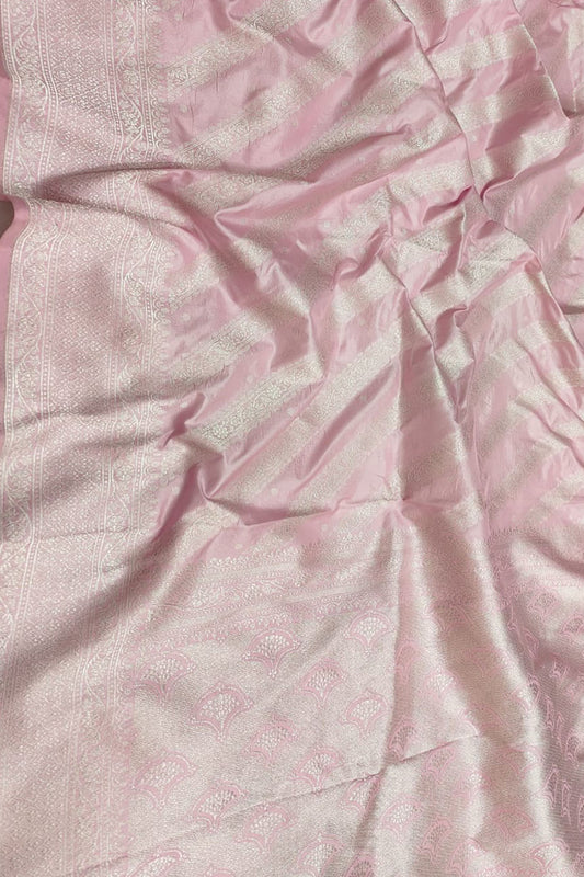Pink Handloom Banarasi Pure Katan Silk Stripes Design Saree - Luxurion World