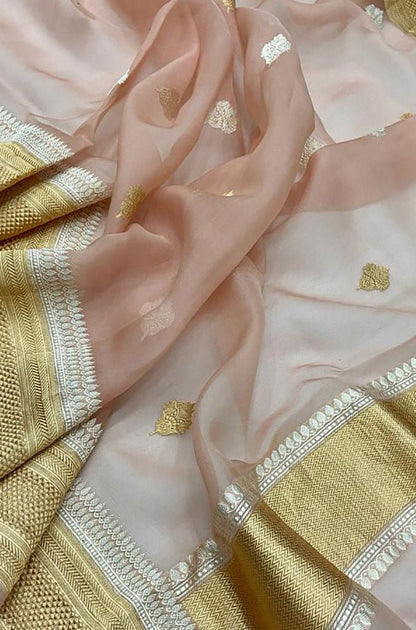 Pink Handloom Banarasi Pure Kora Silk Dupatta - Luxurion World