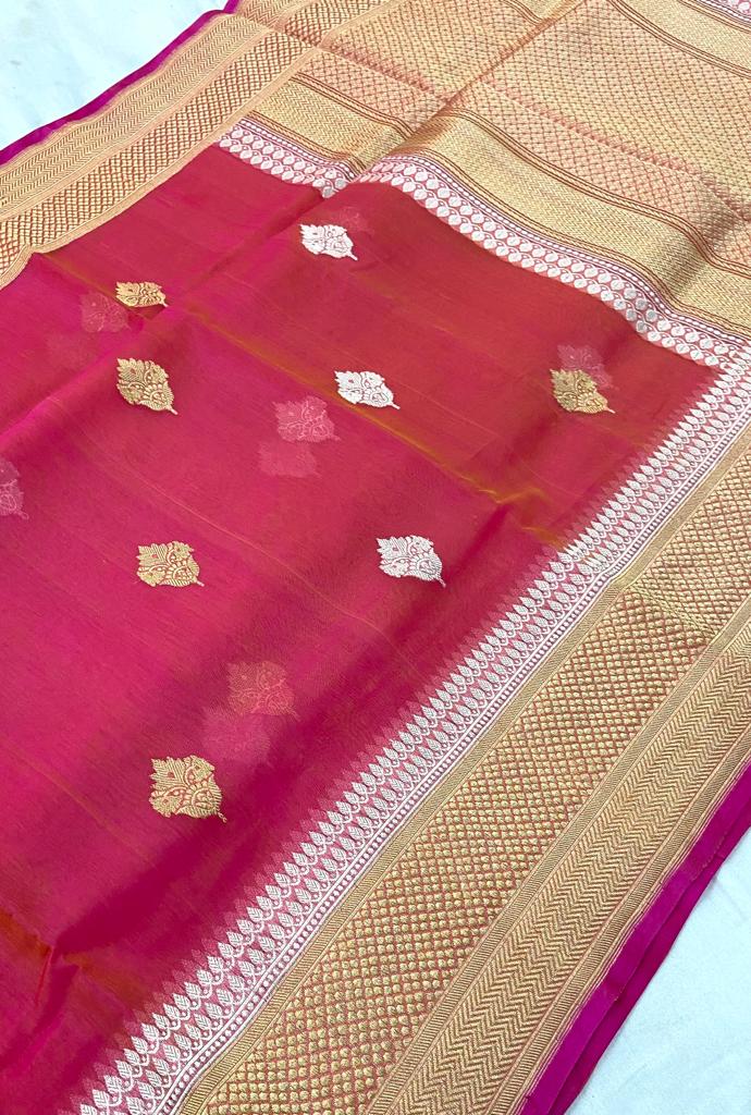 Pink Handloom Banarasi Pure Kora Silk Sona Roopa Saree - Luxurion World