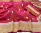 Pink Handloom Banarasi Pure Kora Silk Sona Roopa Saree - Luxurion World