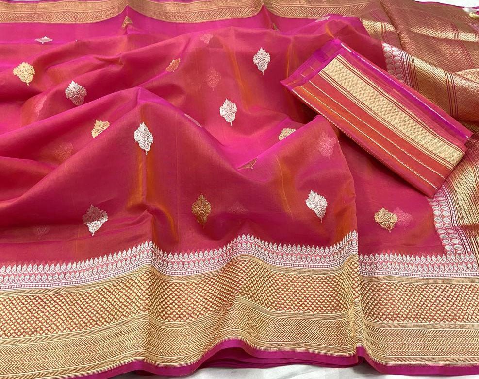 Pink Handloom Banarasi Pure Kora Silk Sona Roopa Saree - Luxurion World