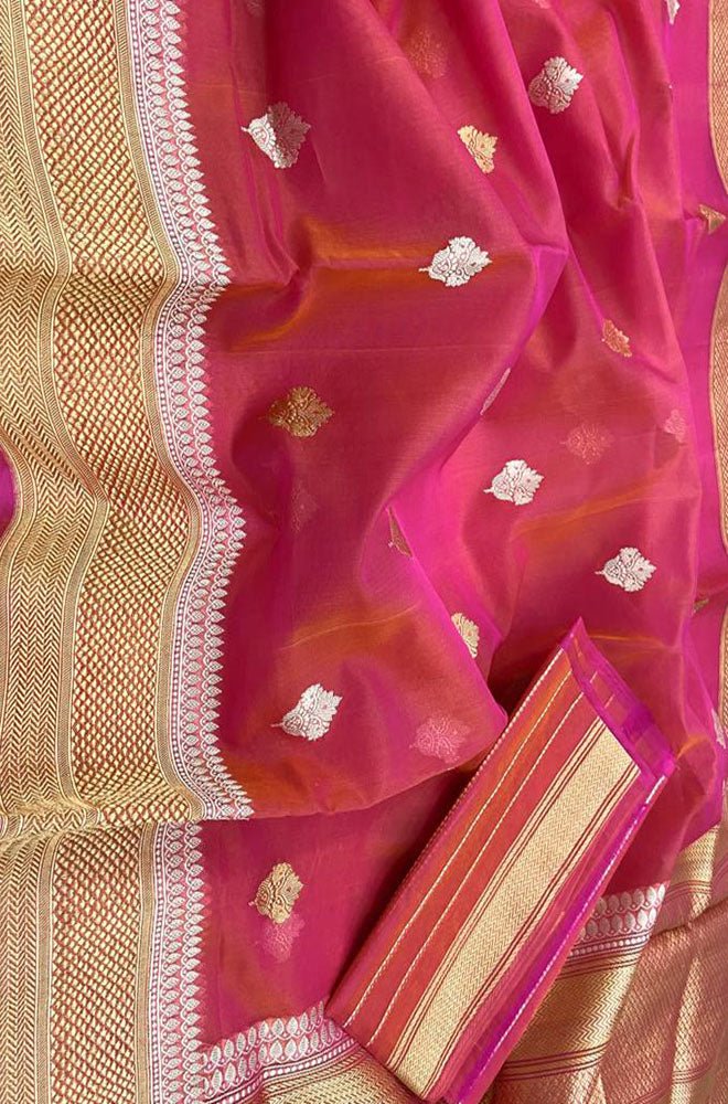Pink Handloom Banarasi Pure Kora Silk Sona Roopa Saree - Luxurion World