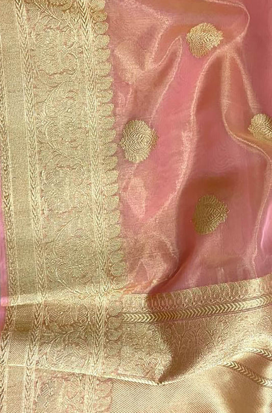 Pink Handloom Banarasi Pure Kora Tissue Silk Saree - Luxurion World
