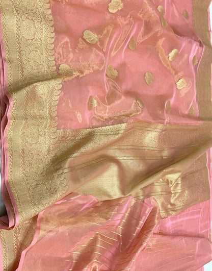 Pink Handloom Banarasi Pure Kora Tissue Silk Saree - Luxurion World