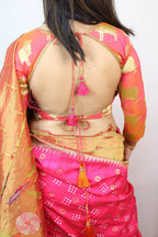 Pink Handloom Banarasi Silk Boat Neck Padded Cow Design Blouse - Luxurion World