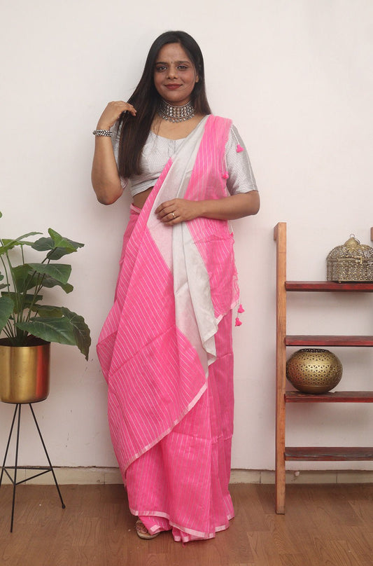 Pink Handloom Bengal Tussar Cotton Silver Zari Stripe Design Saree