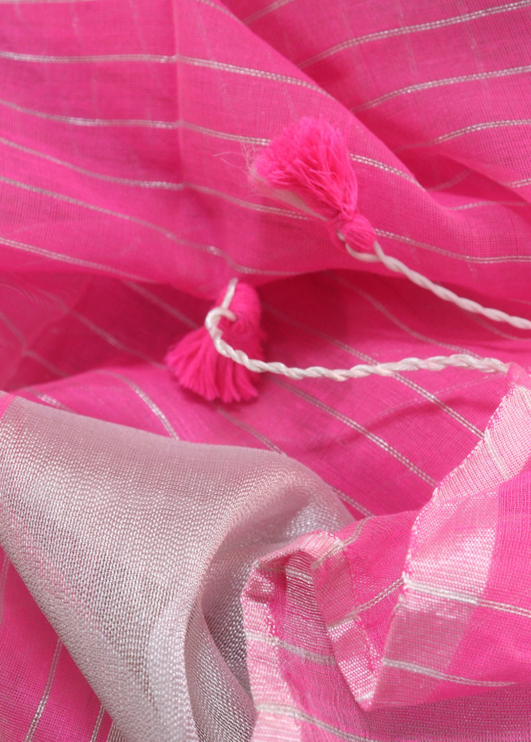 Pink Handloom Bengal Tussar Cotton Silver Zari Stripe Design Saree - Luxurion World