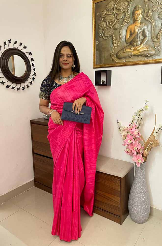 Pink Handloom Bhagalpur Pure Tussar Silk Saree With Hand Painted Pure Silk Stitched Floral Design Blouse