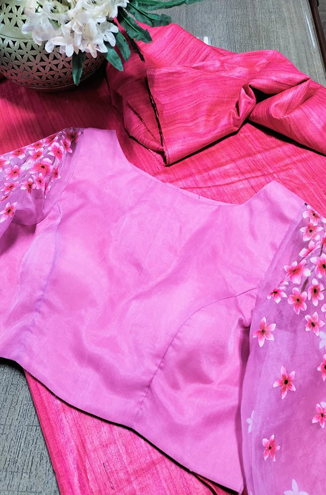 Pink Handloom Bhagalpur Pure Tussar Silk Saree With Hand Painted Pure Silk Stitched Floral Design Blouse - Luxurion World