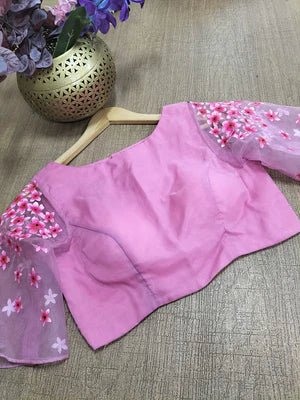 Pink Handloom Bhagalpur Pure Tussar Silk Saree With Hand Painted Pure Silk Stitched Floral Design Blouse