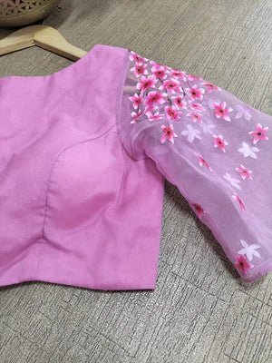 Pink Handloom Bhagalpur Pure Tussar Silk Saree With Hand Painted Pure Silk Stitched Floral Design Blouse - Luxurion World