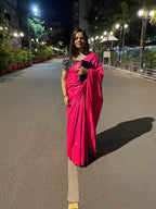 Pink Handloom Bhagalpur Pure Tussar Silk Saree With Hand Painted Pure Silk Stitched Floral Design Blouse - Luxurion World