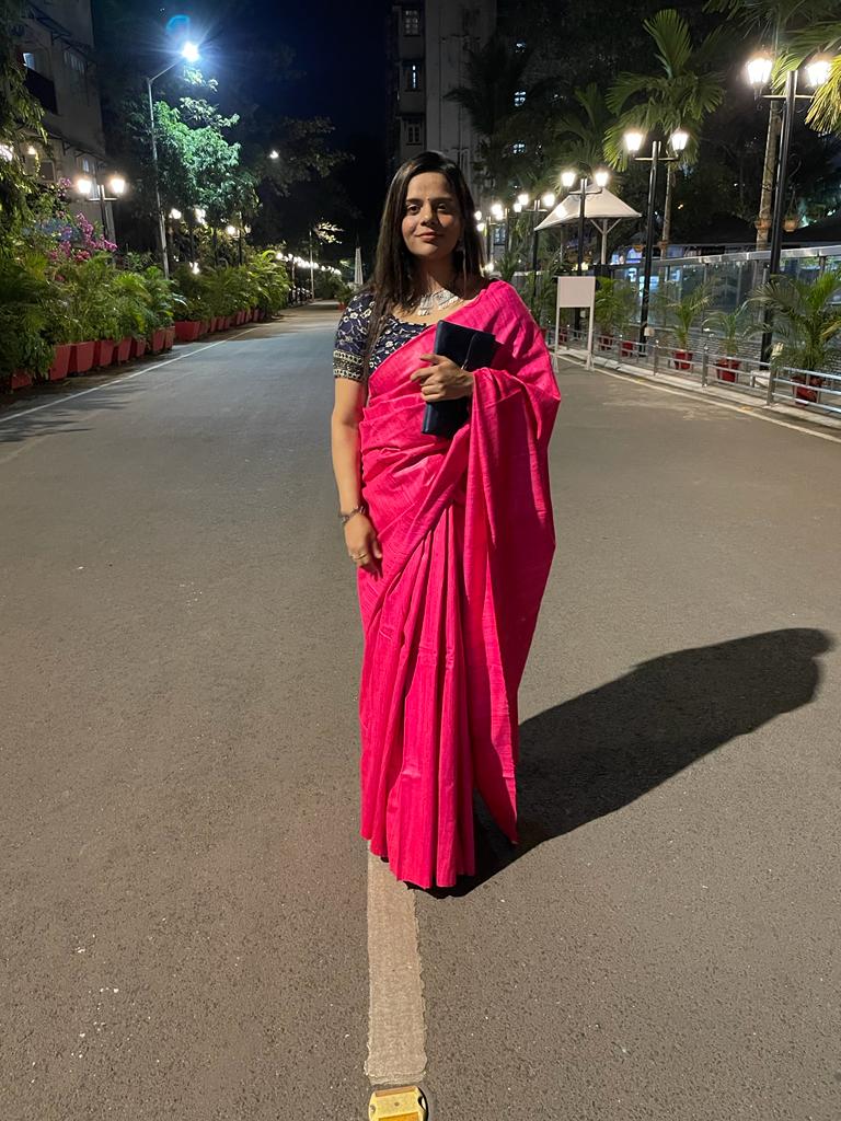 Pink Handloom Bhagalpur Pure Tussar Silk Saree With Hand Painted Pure Silk Stitched Floral Design Blouse - Luxurion World