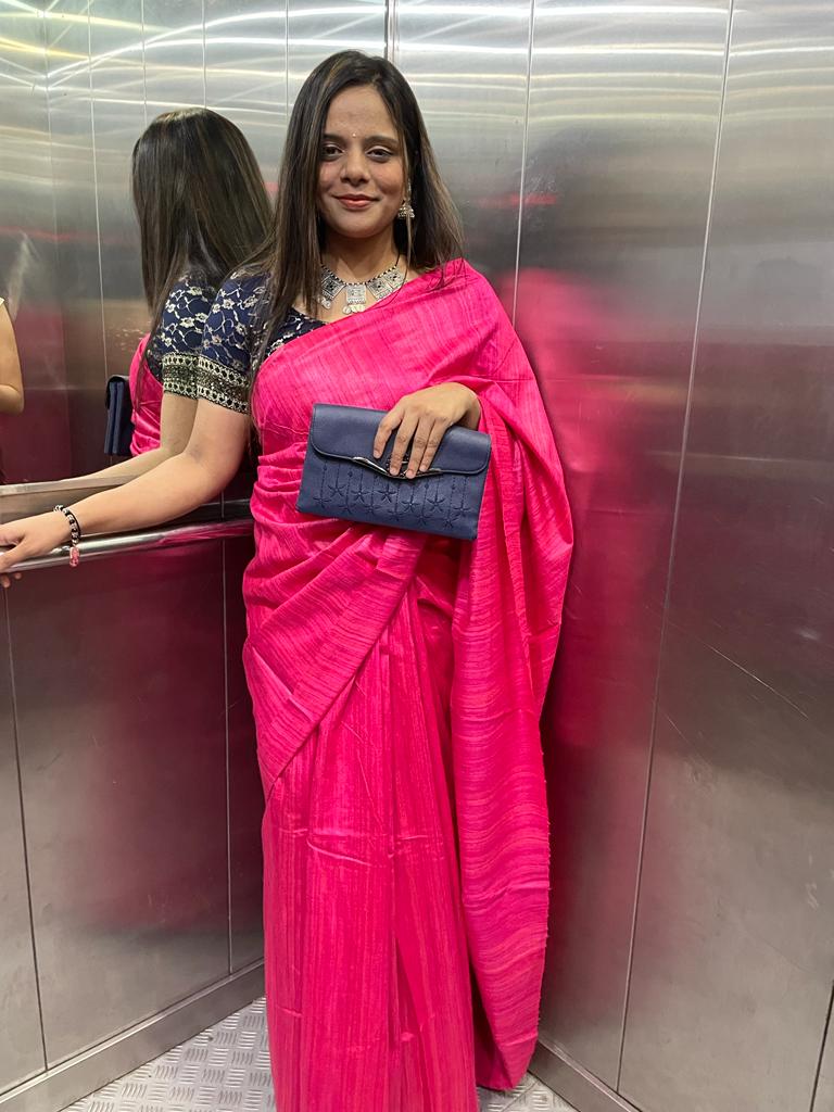 Pink Handloom Bhagalpur Pure Tussar Silk Saree With Hand Painted Pure Silk Stitched Floral Design Blouse - Luxurion World