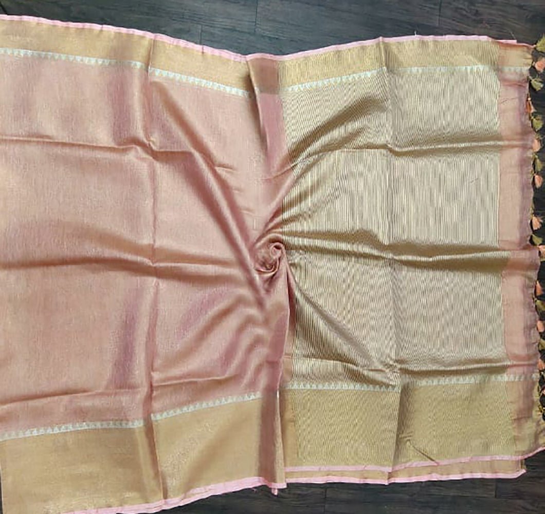 Pink Handloom Bhagalpur Tissue Linen Silk Saree - Luxurion World