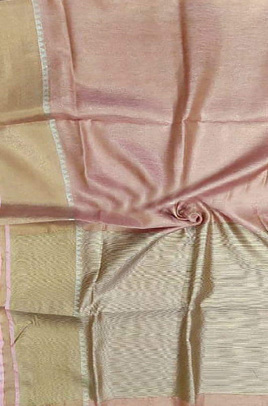 Pink Handloom Bhagalpur Tissue Linen Silk Saree - Luxurion World