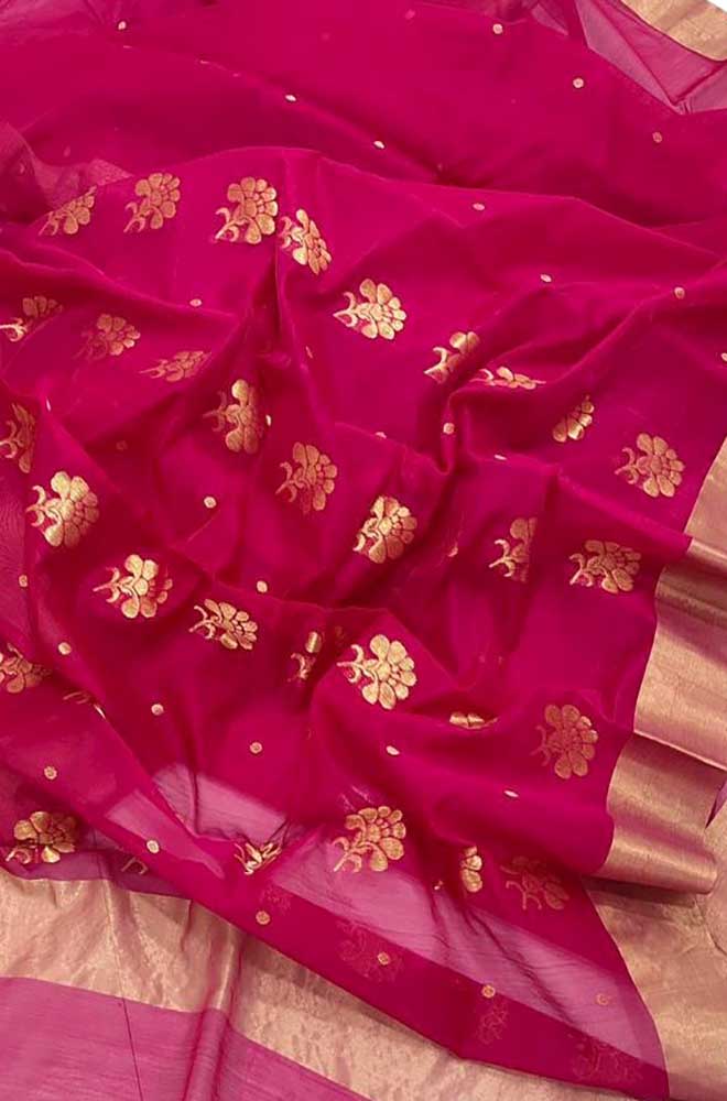Pink Handloom Chanderi Cotton Silk Saree - Luxurion World