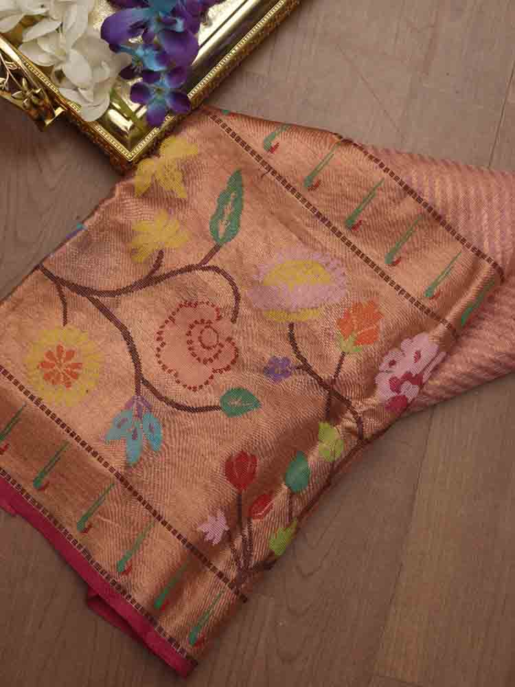 Pink Handloom Kota Doria Real Zari Fabric