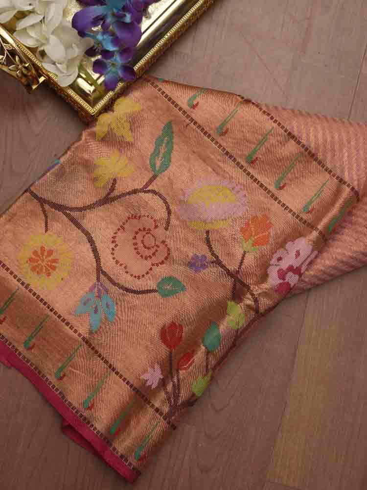 Pink Handloom Kota Doria Real Zari Fabric - Luxurion World