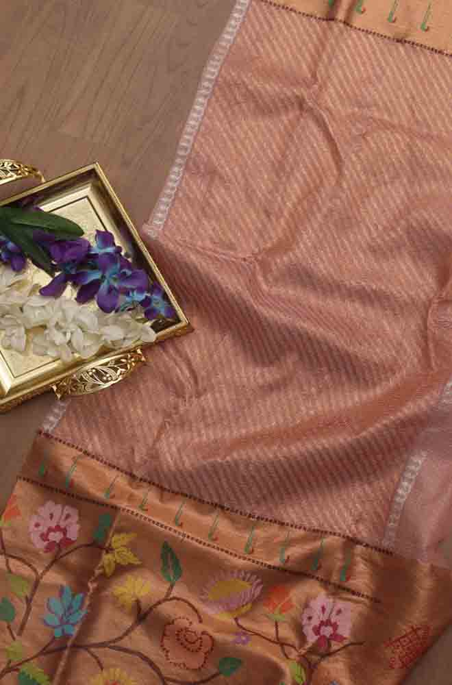 Pink Handloom Kota Doria Real Zari Fabric - Luxurion World