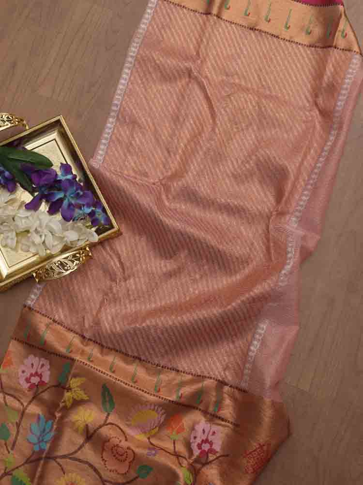 Pink Handloom Kota Doria Real Zari Fabric - Luxurion World