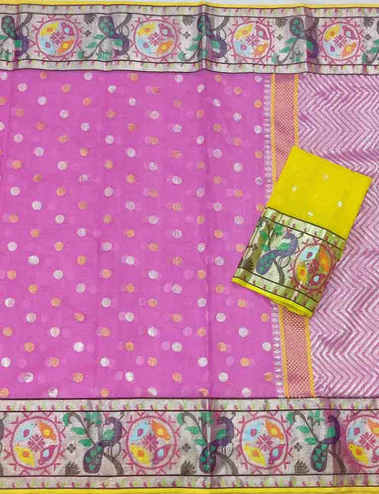 Pink Handloom Kota Doria Real Zari Figure Design Paithani Border Saree - Luxurion World