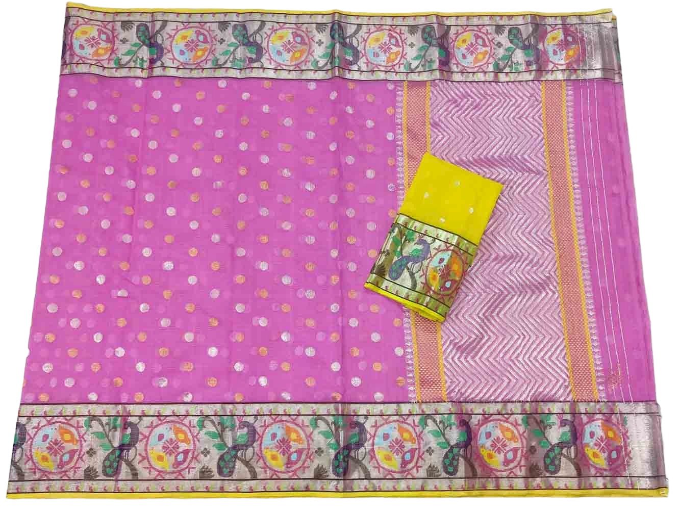 Pink Handloom Kota Doria Real Zari Figure Design Paithani Border Saree - Luxurion World