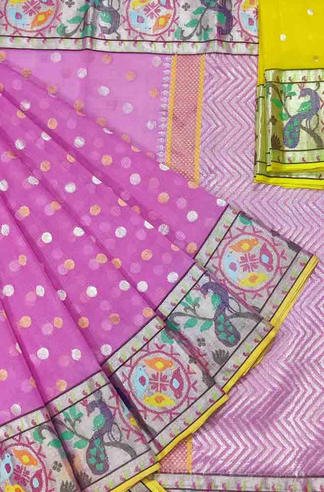 Pink Handloom Kota Doria Real Zari Figure Design Paithani Border Saree - Luxurion World