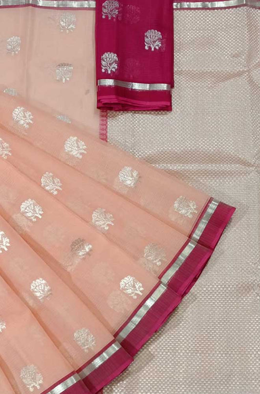Pink Handloom Kota Doria Real Zari Floral Deasign Saree - Luxurion World