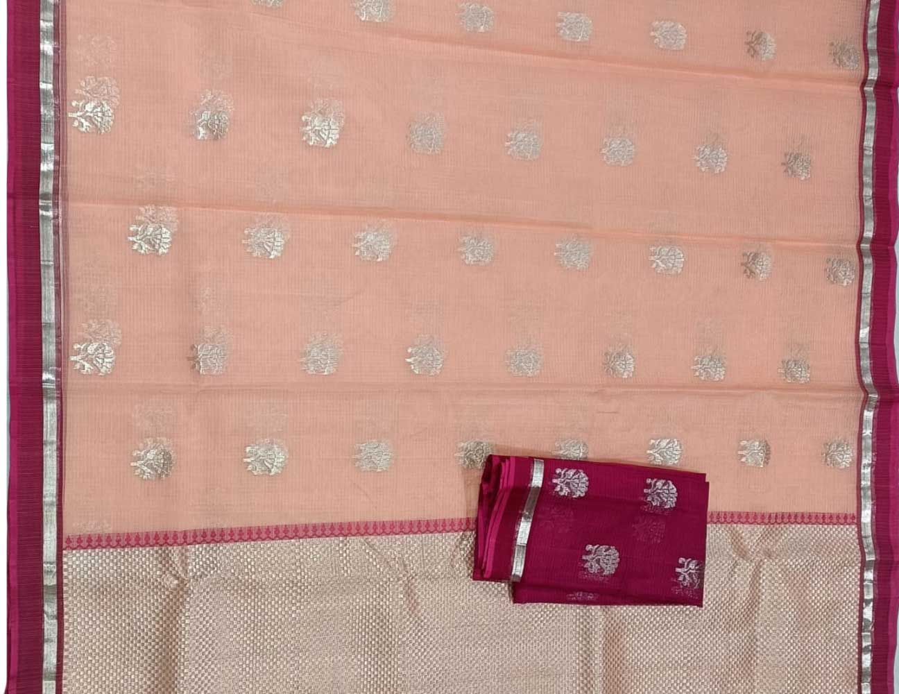 Pink Handloom Kota Doria Real Zari Floral Deasign Saree - Luxurion World