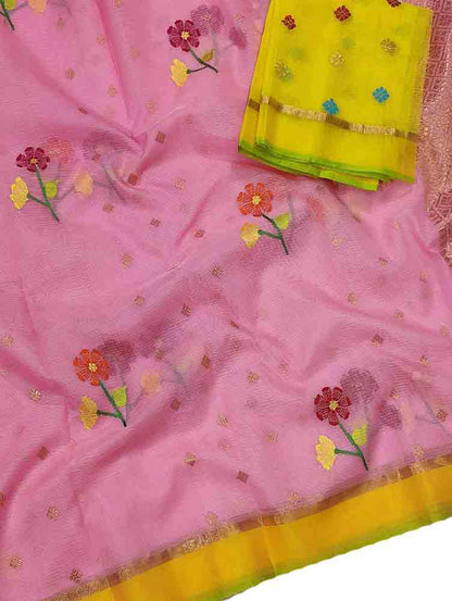 Pink Handloom Kota Doria Real Zari Flower Design Saree - Luxurion World