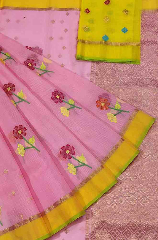 Pink Handloom Kota Doria Real Zari Flower Design Saree