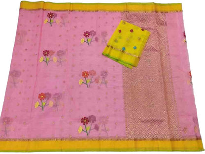 Pink Handloom Kota Doria Real Zari Flower Design Saree - Luxurion World