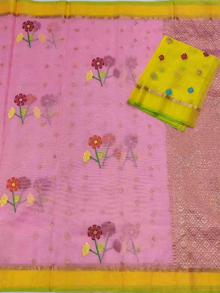 Pink Handloom Kota Doria Real Zari Flower Design Saree - Luxurionworld