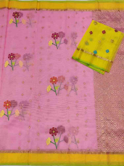Pink Handloom Kota Doria Real Zari Flower Design Saree - Luxurion World