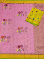 Pink Handloom Kota Doria Real Zari Flower Design Saree - Luxurion World