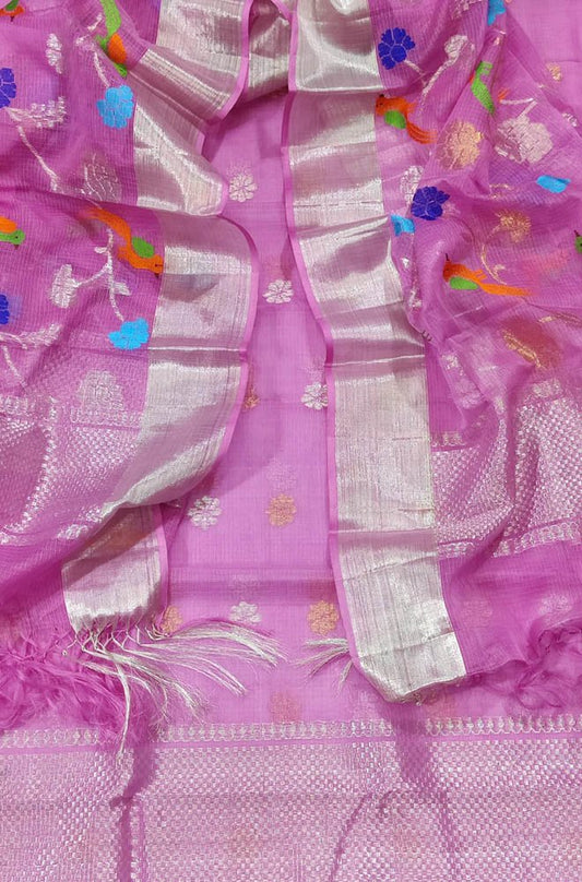 Pink Handloom Kota Doria Real Zari Meenakari Work Two Piece Unstitched Suit Set