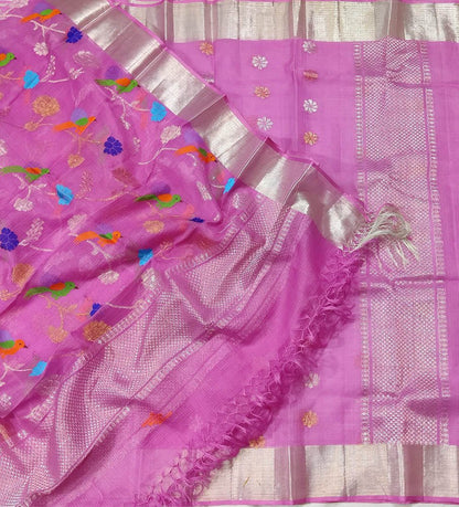 Pink Handloom Kota Doria Real Zari Meenakari Work Two Piece Unstitched Suit Set Luxurionworld